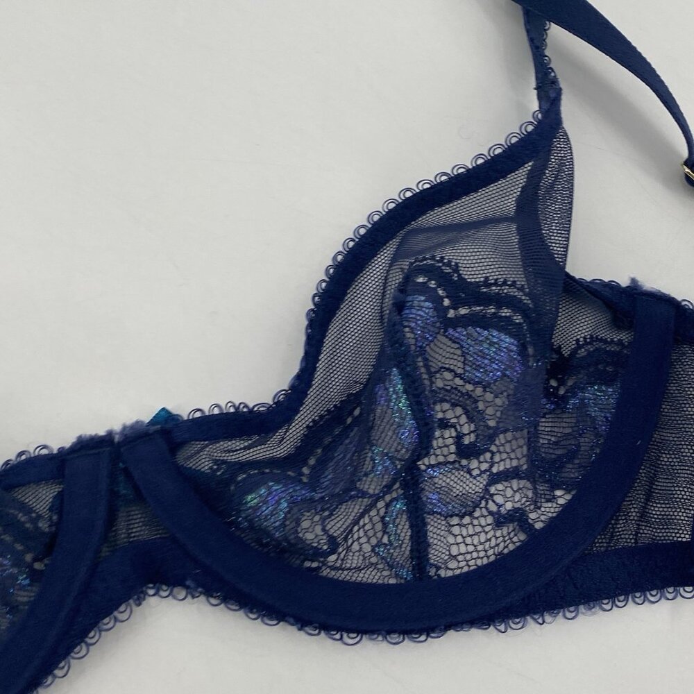 L'Agent Agent Provocateur Non Pad Demi Bra 32C Blue Sheer Lace Glitter - Picture 8 of 9